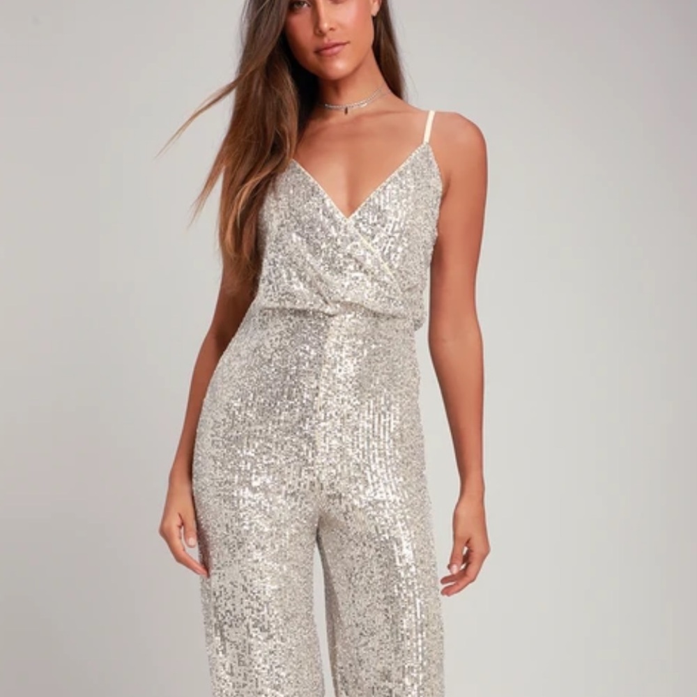Lulus Hypnotic Beat Silver Sequin Surplice Jumpsuit